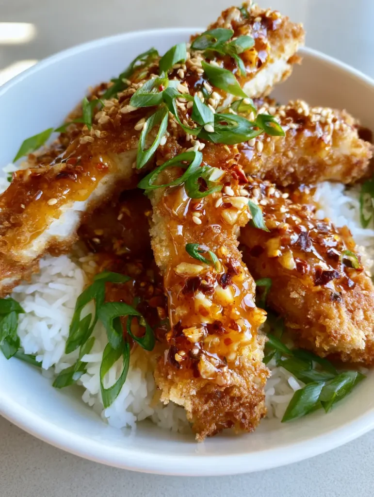 Crispy breaded fish strips with glossy orange-red sauce and green scallion garnishes. (Sweet and Spicy Cod Strips)