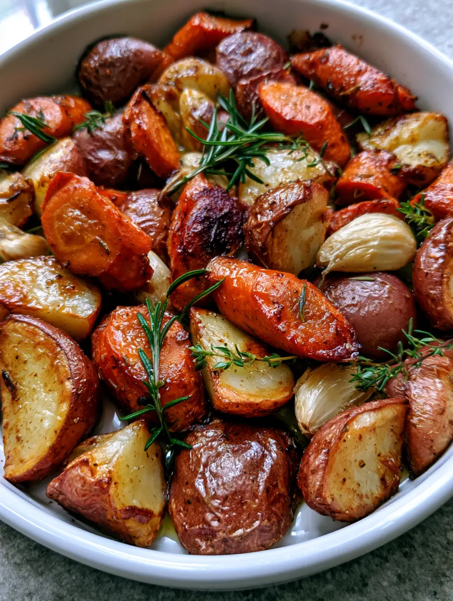 Close-up of skin-on red potato wedges and caramelized carrot rounds with fresh herbs. (Roasted Potatoes and Carrots)