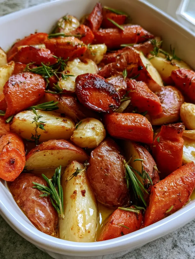 Glistening roasted carrots and potatoes in a white dish under natural window light. (Roasted Potatoes and Carrots)