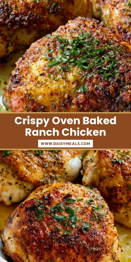 A close-up Pinterest-style image of three crispy Baked Ranch Chicken Thighs in a white dish, garnished with parsley.