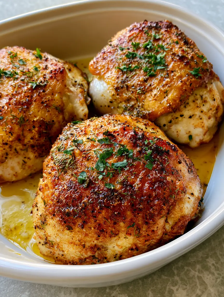 A smartphone photo showing three golden-brown Baked Ranch Chicken Thighs with visible dill and pepper seasoning.
