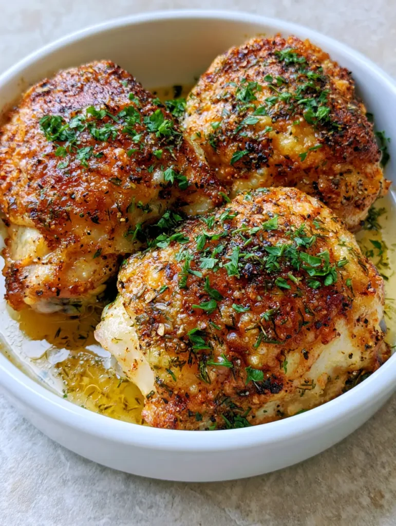 High detail shot of the textured ranch seasoning on roasted chicken thighs in a ceramic dish.