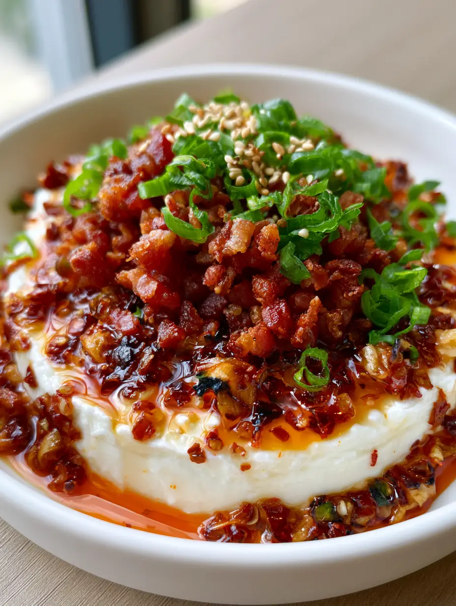 A close up smartphone photo of a cream cheese block topped with chili crunch oil and golden bacon. (Chili Bacon Cream Cheese Spread)