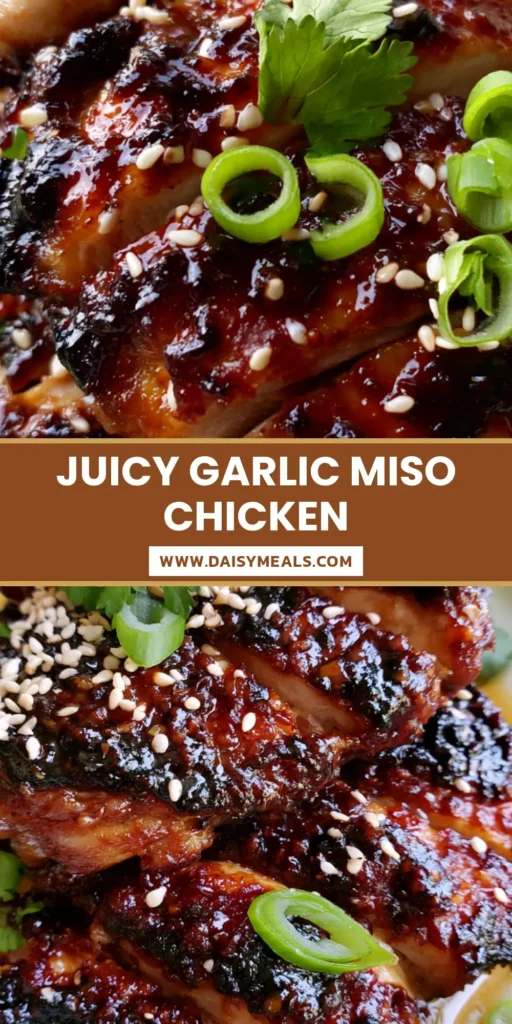 Close-up of sliced pan-seared Garlic Miso Chicken with a glossy dark mahogany glaze, sesame seeds, and scallions on a pale plate.
