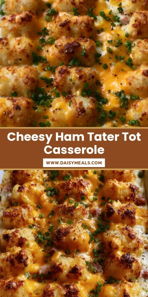 A rectangular white ceramic baking dish filled with Ham and Tater Tot Casserole featuring golden-brown crispy tots, melted cheddar, and fresh scallions.