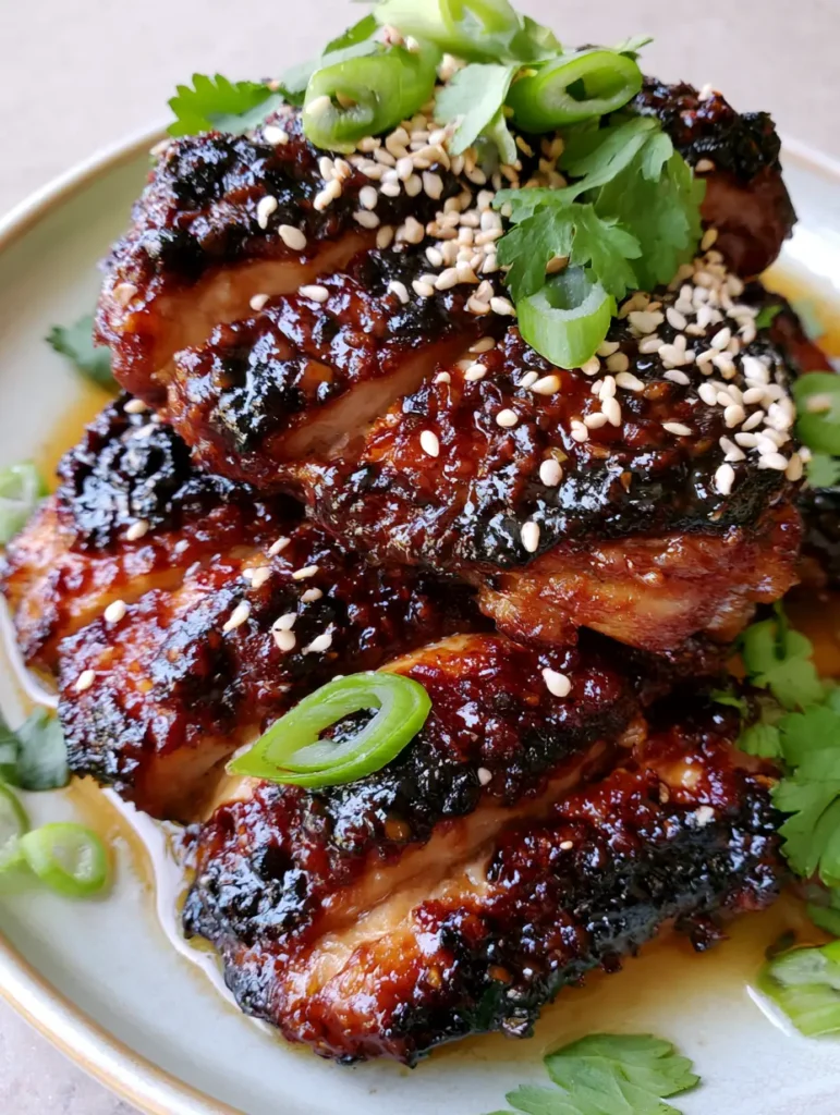 Top view of Garlic Miso Chicken thighs showing the thick glossy glaze and amber sauce pooling at the base.