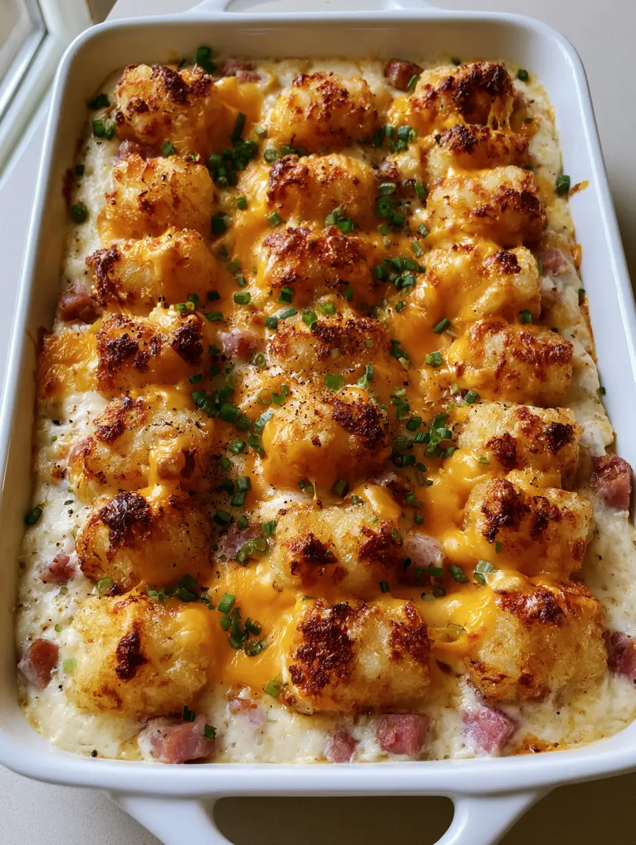 Top-down view of Ham and Tater Tot Casserole in a white dish with rows of charred tots and bubbled orange cheese.