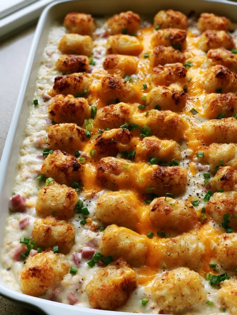 Close-up of crispy tater tots and gooey melted cheddar cheese in a ham casserole.