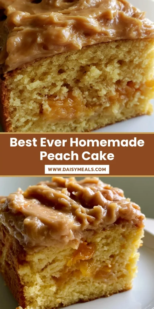 A generous slice of Homemade Peach Cake on a white plate showing orange peach chunks and thick brown sugar frosting swirls.