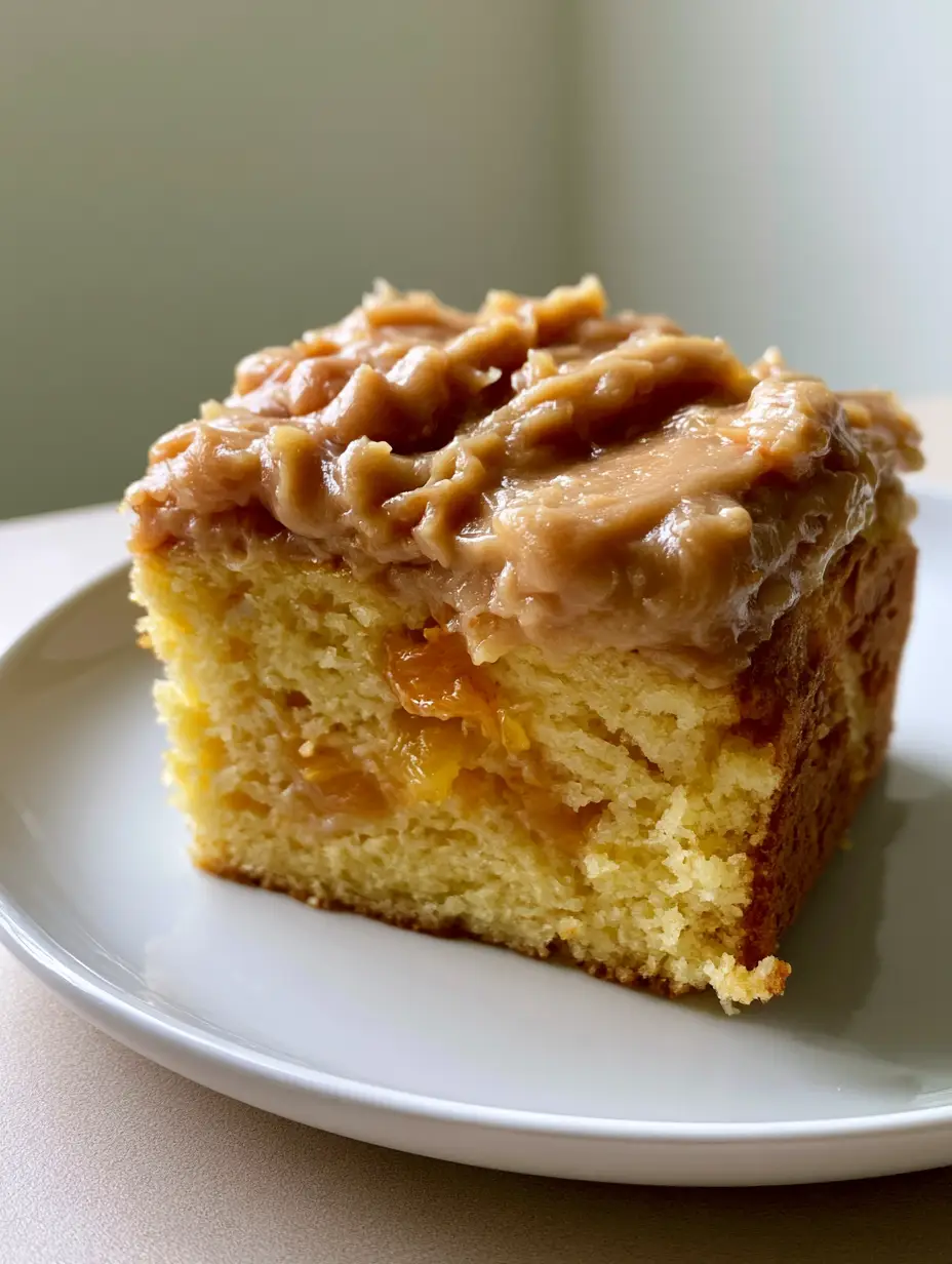 Close-up of a Homemade Peach Cake slice on a white ceramic plate with natural sunlight.