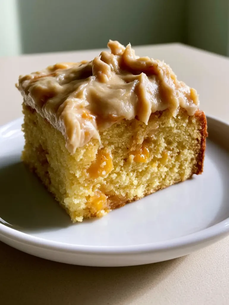 Side view of Homemade Peach Cake highlighting the thick rustic brown sugar frosting swirls.