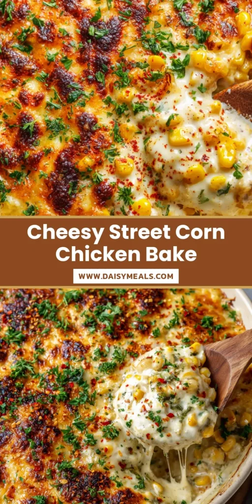 A close-up vertical shot of Street Corn Chicken Casserole featuring bubbly melted cheese with charred spots and a wooden spoon lift with a large cheese pull.