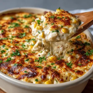 Overhead close-up of Street Corn Chicken Casserole in a white ceramic dish with golden-brown cheese, red chili powder, and fresh parsley.