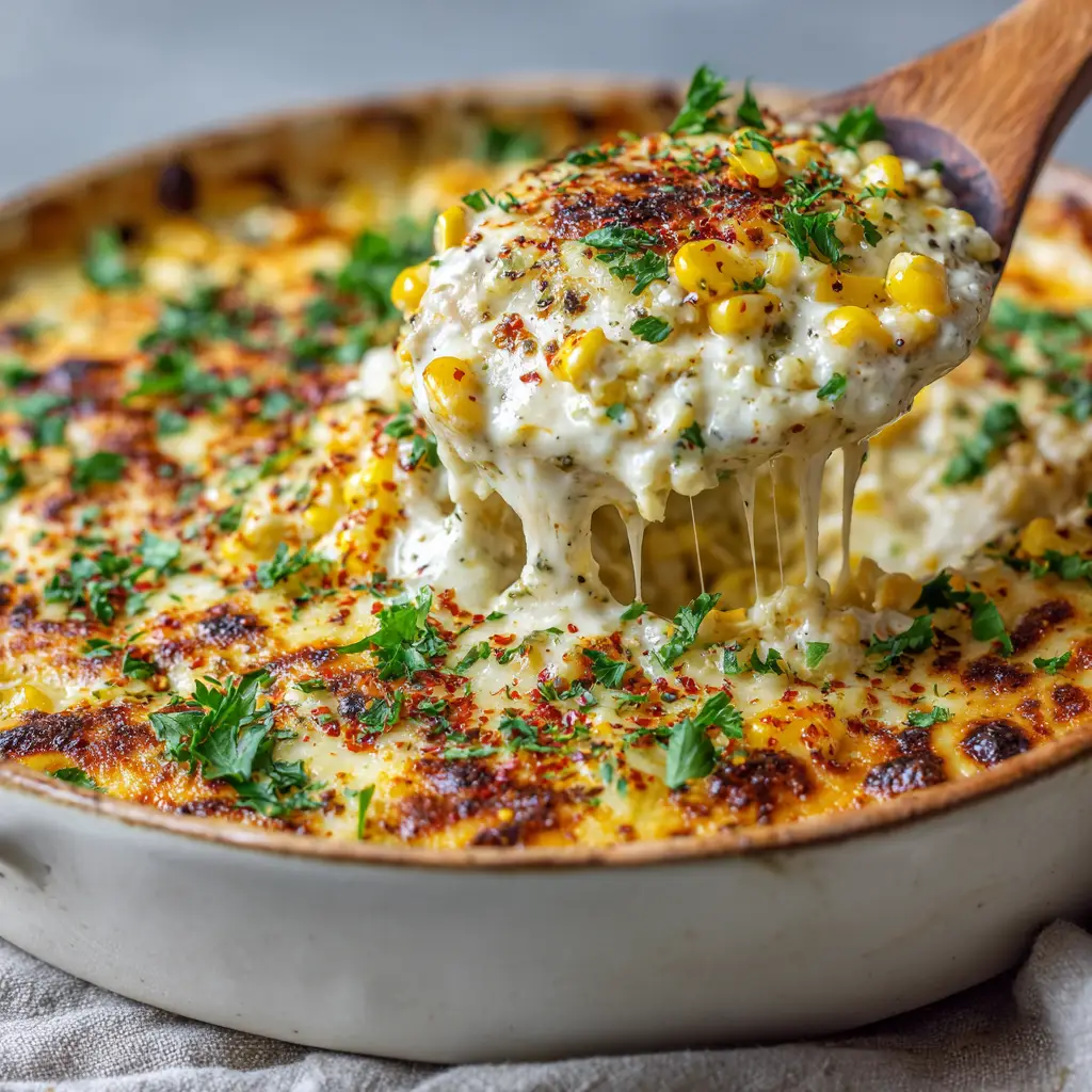 Wooden spoon lifting a creamy scoop of chicken and corn casserole from a baking dish, showing cheese pulls and thick white sauce.