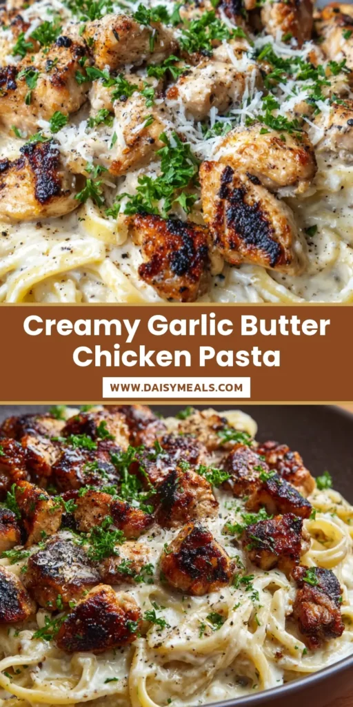 Garlic Butter Chicken Bites With Creamy Parmesan Pasta 4 A dark ceramic bowl filled with creamy parmesan linguine topped with golden seared Garlic Butter Chicken Bites and fresh parsley.