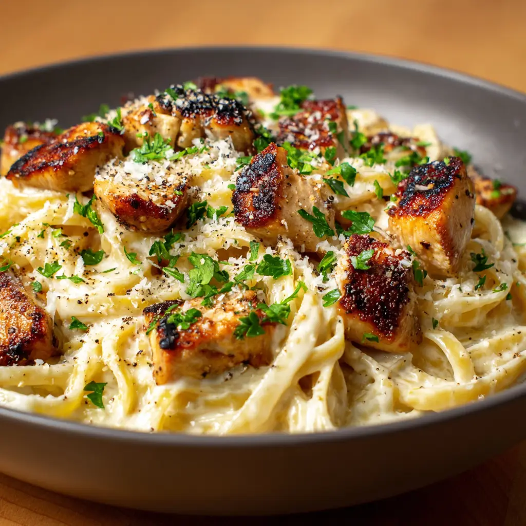 Garlic Butter Chicken Bites With Creamy Parmesan Pasta 2 Close up shot of Garlic Butter Chicken Bites With Creamy Parmesan Pasta showing charred chicken edges and thick white sauce.