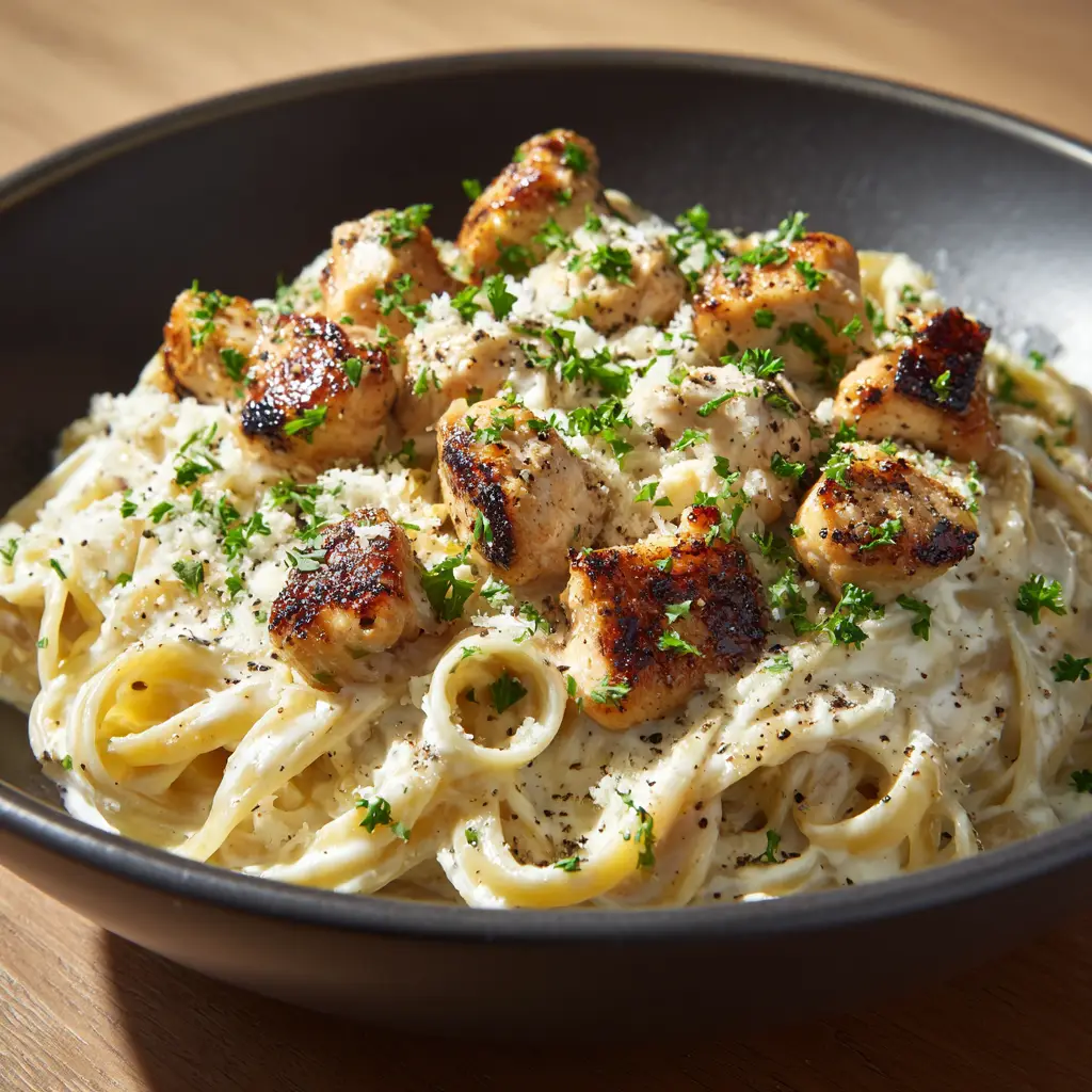 Garlic Butter Chicken Bites With Creamy Parmesan Pasta 1 A top-down view of Garlic Butter Chicken Bites With Creamy Parmesan Pasta in a matte bowl.