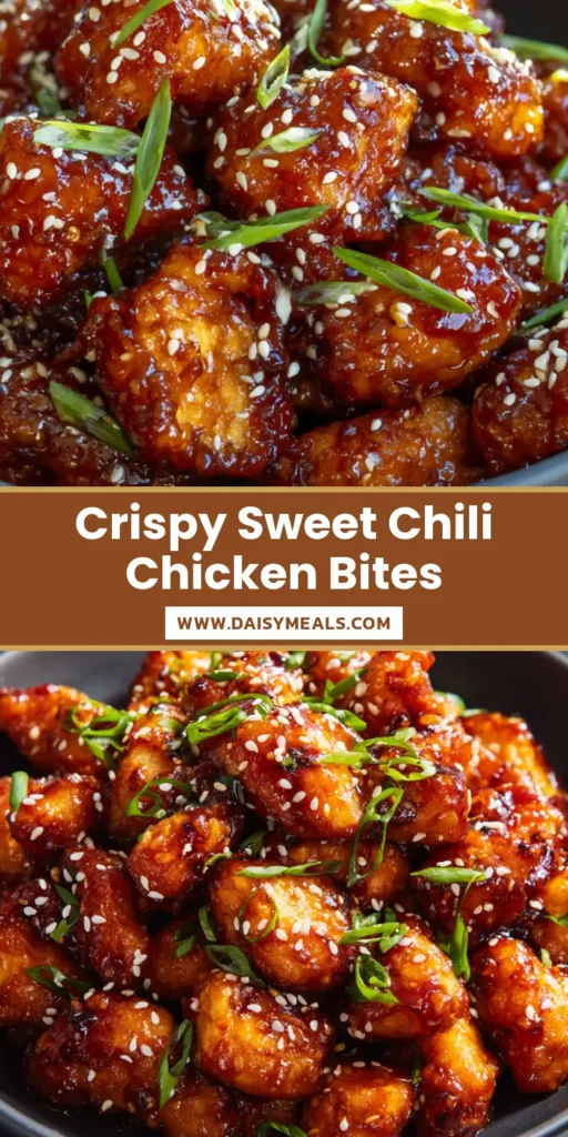 Sweet Chili Chicken: The Ultimate Crispy Baked Takeout-Style Recipe 4 A close-up shot of Crispy Sweet Chili Chicken bites in a dark bowl, garnished with sesame seeds and scallions.