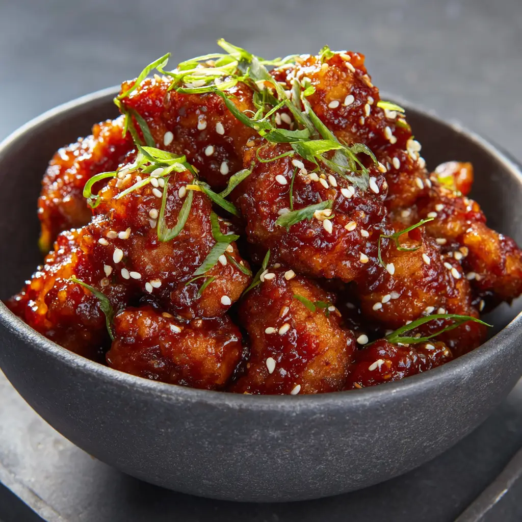 Sweet Chili Chicken: The Ultimate Crispy Baked Takeout-Style Recipe 2 High-angle view of bite-sized chicken pieces coated in a thick, translucent amber sweet chili glaze. (Sweet Chili Chicken)