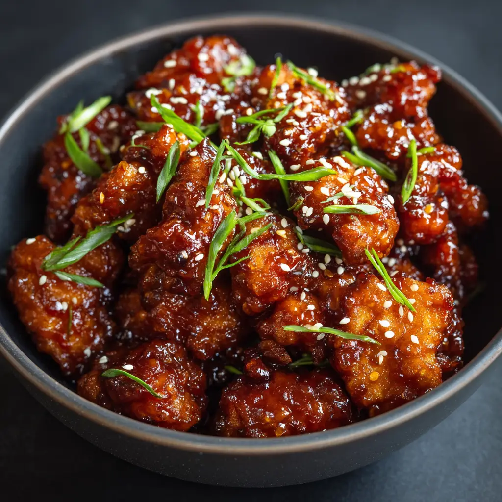 A pile of Sweet Chili Chicken in a charcoal ceramic bowl, topped with bright green scallion rings and white sesame seeds.
