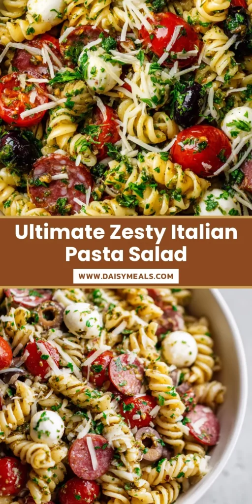 A close-up overhead shot of a Zesty Italian Pasta Salad featuring rotini, salami, and mozzarella balls in a white bowl. (Zesty Italian Pasta Salad)