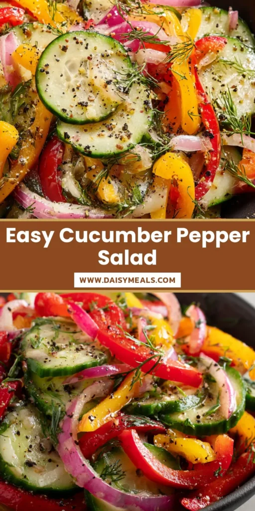 A vibrant Pinterest pin showcasing a Cucumber Sweet Pepper Salad with glistening dressing and fresh dill.