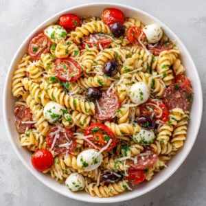 High-angle view of a white bowl filled with Zesty Italian Pasta Salad, showing oily herbs and fresh vegetables. (Zesty Italian Pasta Salad)