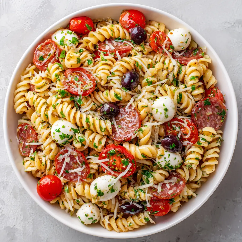 High-angle view of a white bowl filled with Zesty Italian Pasta Salad, showing oily herbs and fresh vegetables. (Zesty Italian Pasta Salad)