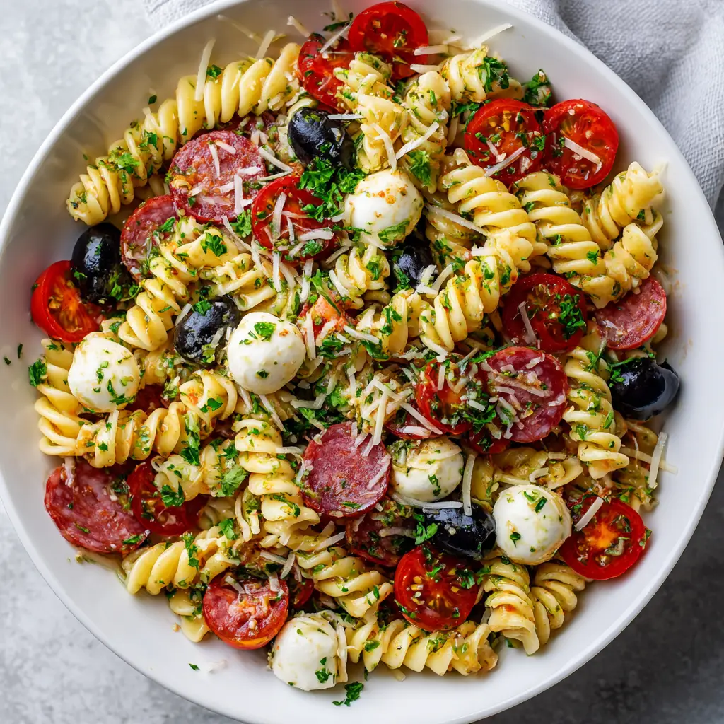 Detailed close-up of folded salami and bocconcini mozzarella in a Zesty Italian Pasta Salad.