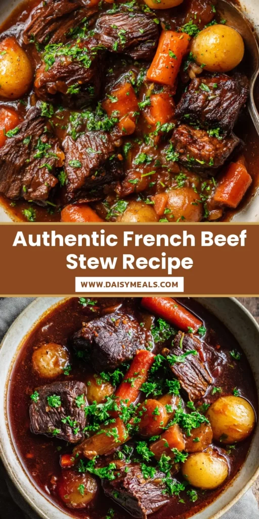 A top-down view of a classic Boeuf Bourguignon Recipe served in a rustic ceramic bowl with seared beef, carrots, and pearl onions.