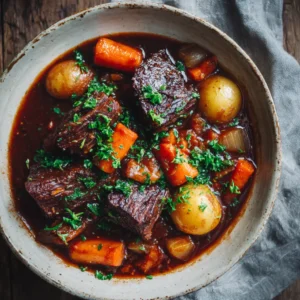 Close-up of charred beef chunks and vibrant carrots in a thick burgundy sauce. (Boeuf Bourguignon Recipe)