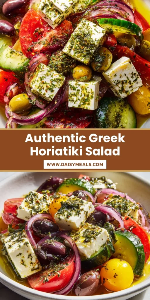 A vibrant Greek Horiatiki Salad with large feta cubes, red and yellow tomatoes, and a glistening herb dressing in a white bowl. (Greek Horiatiki Salad)