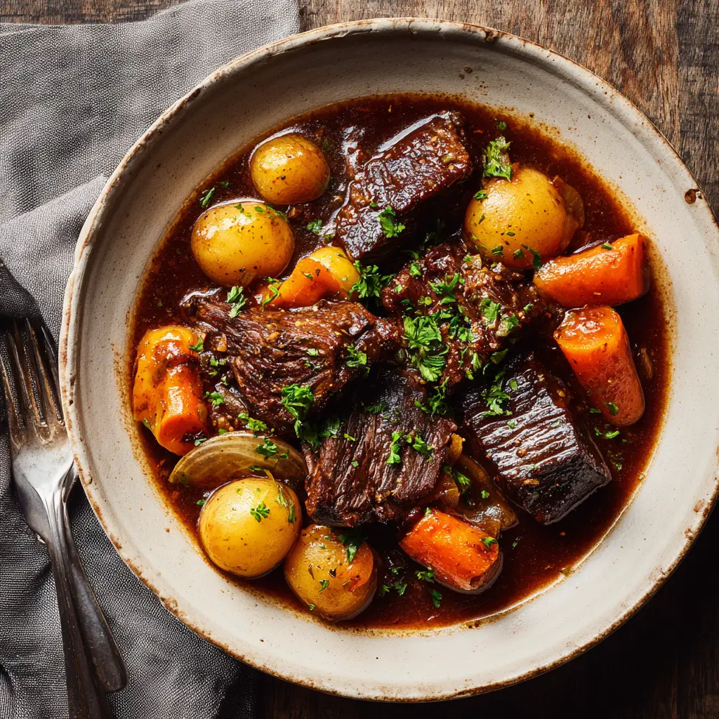 Overhead shot of a rustic bowl filled with beef stew, whole potatoes, and fresh parsley garnish.