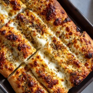Close-up of golden brown Cheesy Breadsticks with melted mozzarella blisters and dried oregano specks.