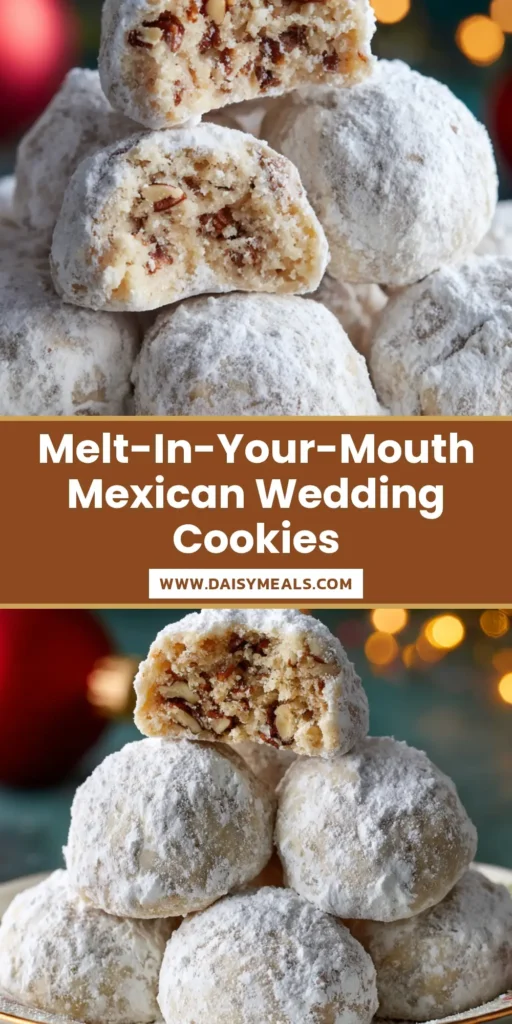A pyramid stack of Mexican Wedding Cookies on a gold-rimmed plate with a red Christmas ornament and bokeh lights in the background.