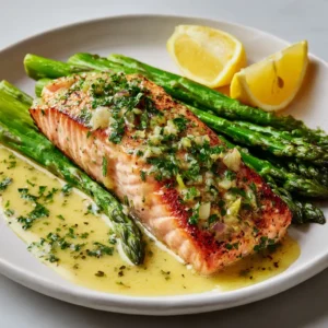 Close-up of a pink flaky salmon fillet with a golden-brown crust and lemon garlic butter sauce. (Baked Salmon in Foil)