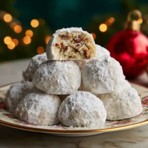 Close-up of round ball-shaped Mexican Wedding Cookies with a thick powdered sugar coating on a floral vintage plate.