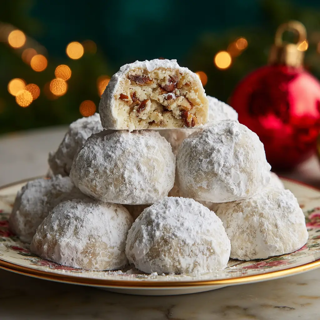Close-up of round ball-shaped Mexican Wedding Cookies with a thick powdered sugar coating on a floral vintage plate.