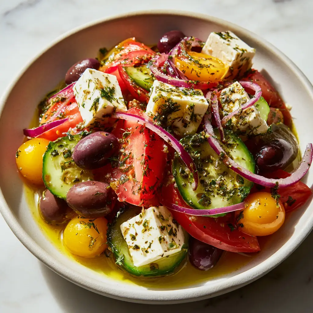 Greek Horiatiki Salad served on a marble surface with natural daylight highlighting the fresh herbs and feta cubes.