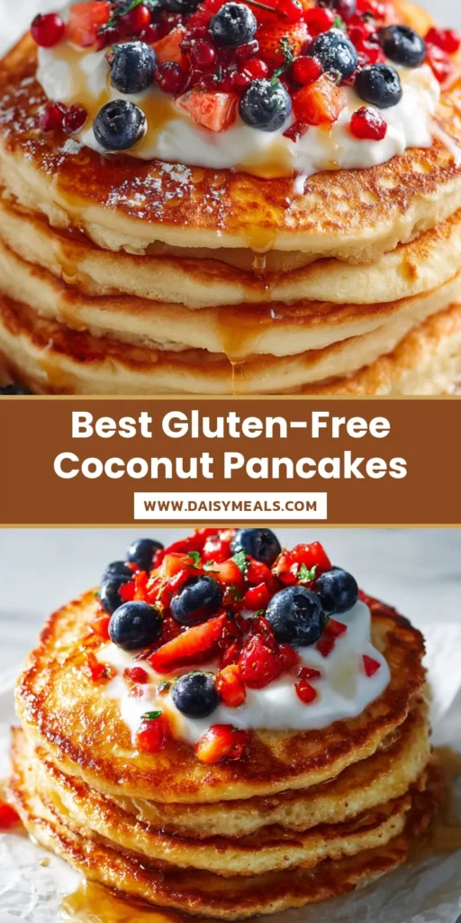 A tall stack of four fluffy golden-brown coconut flour pancakes on parchment paper with yogurt and fresh berries. (Coconut Flour Pancakes)