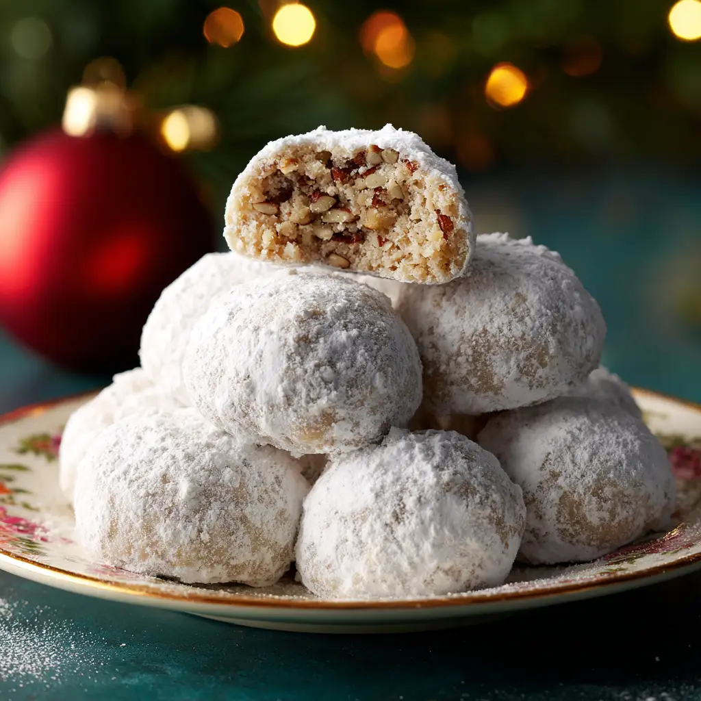 A broken Mexican Wedding Cookie showing a dense off-white interior filled with finely chopped pecans.