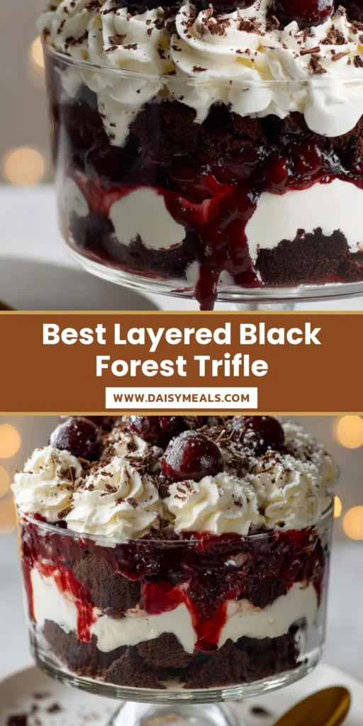 A close-up eye-level shot of a Black Forest Trifle in a clear glass footed bowl with dark chocolate shavings and glistening cherries.