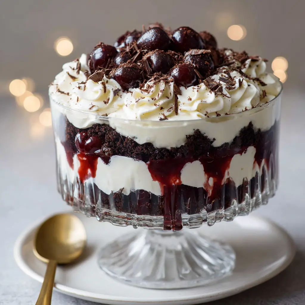 Side view of Black Forest Trifle showing distinct layers of chocolate cake, white cream, and red cherry drips.