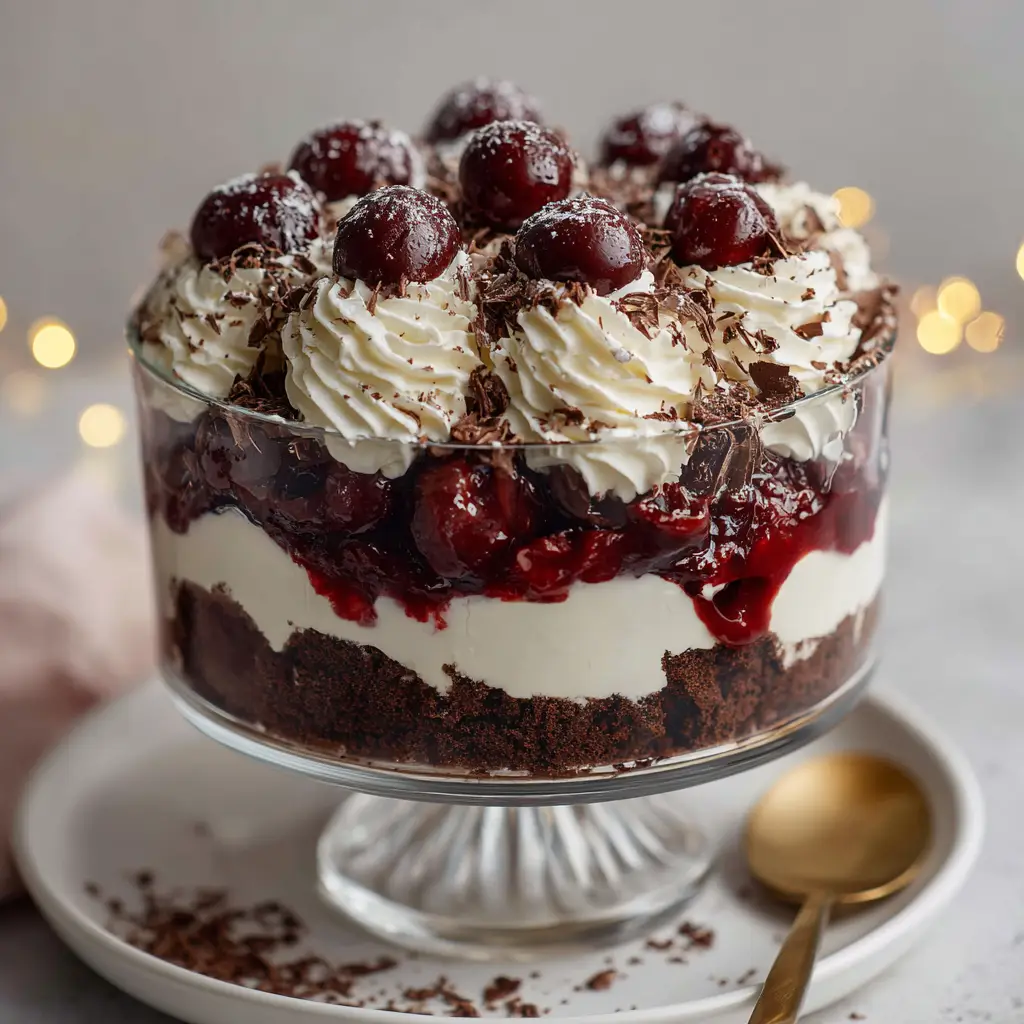 Top view of Black Forest Trifle with piped whipped cream swirls, dark cherries, and chocolate shavings.