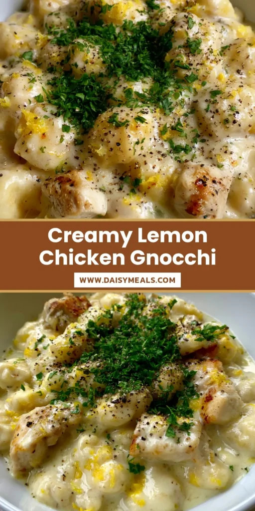 A shallow white ceramic bowl containing pillowy potato gnocchi and seared chicken in a pale-yellow creamy lemon sauce, garnished with parsley and black pepper. (Lemon Chicken Gnocchi)