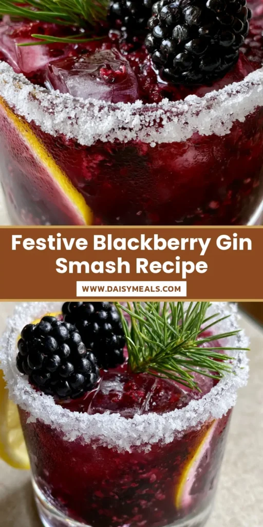A close-up of a Blackberry Gin Smash with a thick sugar rim and a fresh pine sprig garnish.
