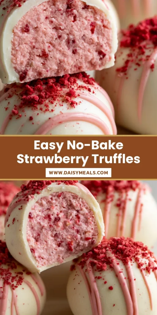 A minimalist arrangement of Strawberry Cheesecake Truffles with a matte white chocolate coating, pink drizzle, and crushed strawberry garnish on a stone platter.