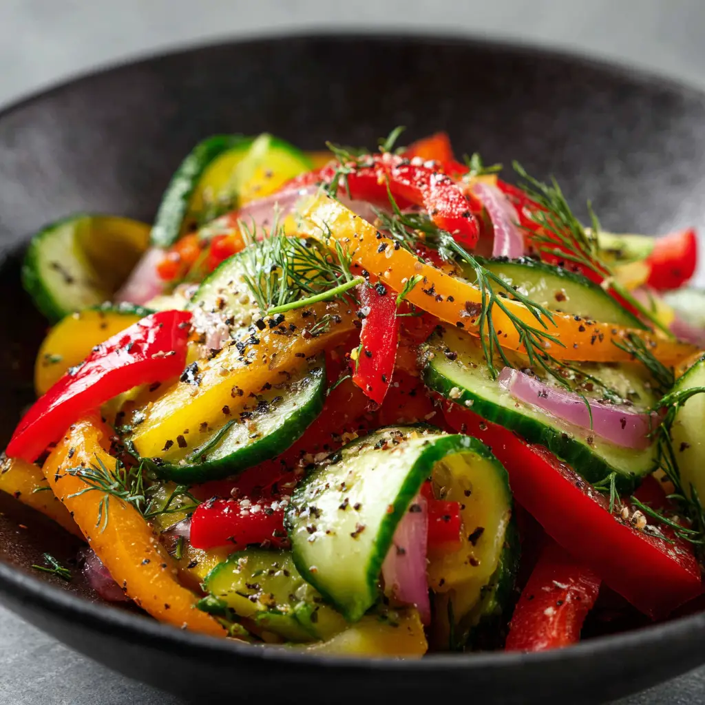 Extreme close-up of a Cucumber Sweet Pepper Salad in a dark bowl featuring sliced English cucumbers and red peppers.