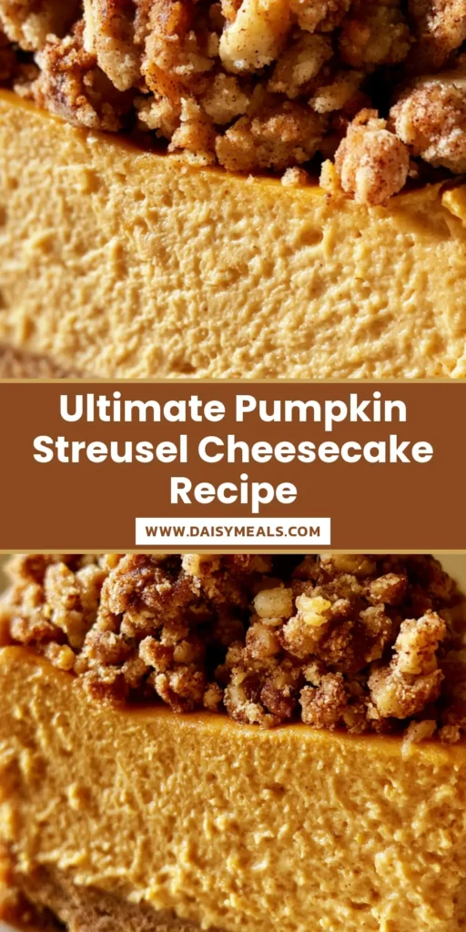 A tall, professional slice of Pumpkin Streusel Cheesecake featuring a thick graham cracker crust and a chunky toasted cinnamon topping on a beige background.