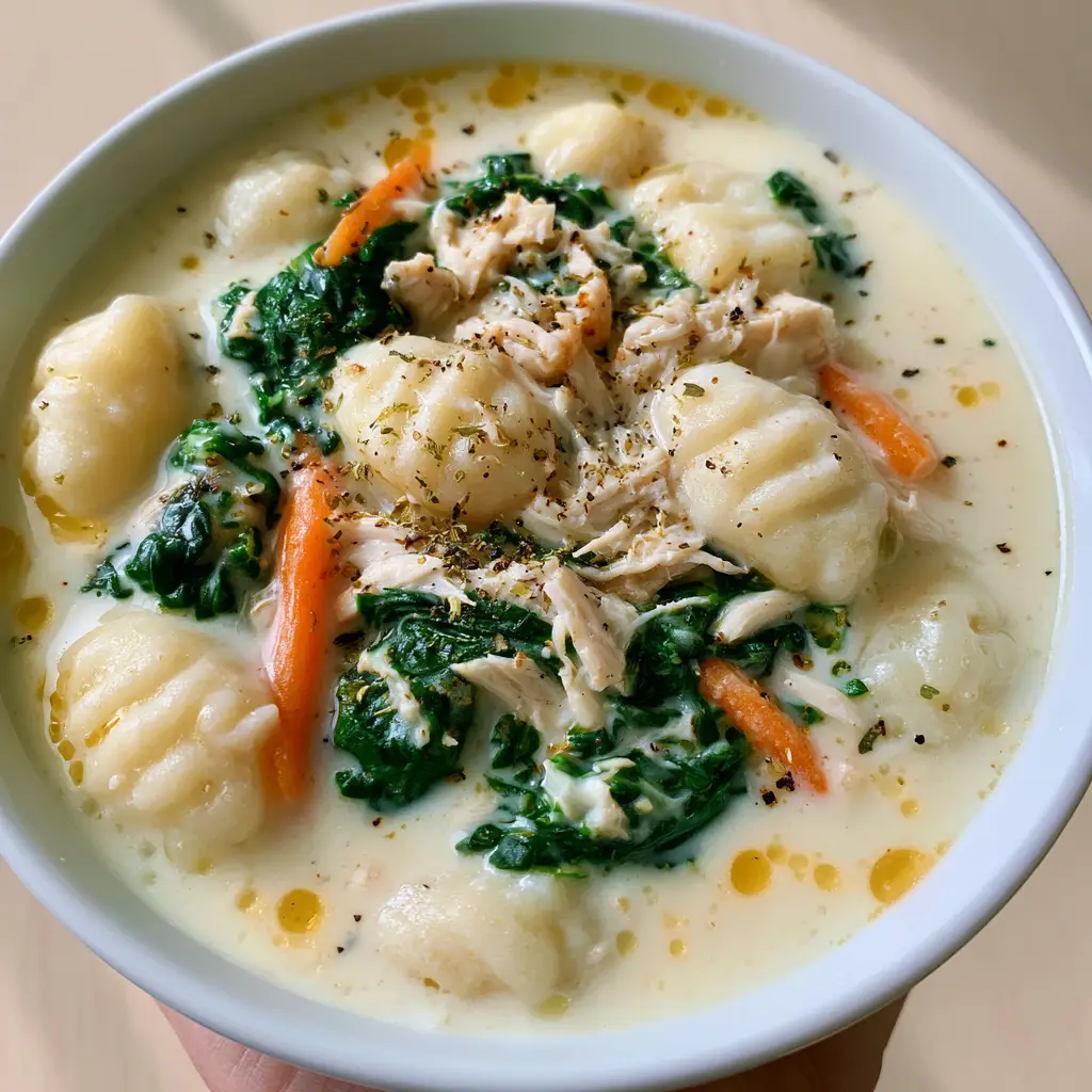 Olive Garden Chicken Gnocchi Soup: The Ultimate Velvet-Cream Copycat Recipe 2 A close-up handheld shot of creamy chicken gnocchi soup in a white bowl showing golden oil droplets and wilted spinach. (Olive Garden Chicken Gnocchi Soup)